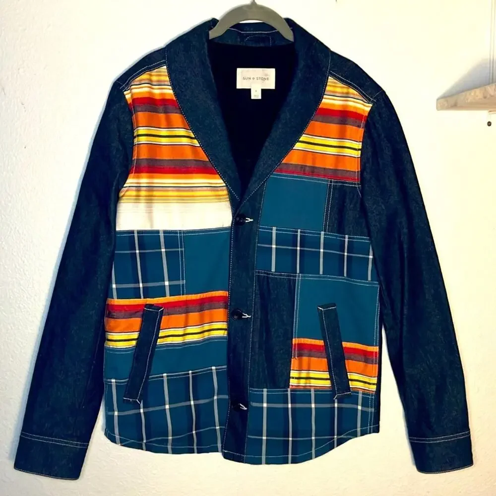 Sun + Stone‎ Southwestern jacket blazer Aztec Tribal Serape Patchwork Denim coat